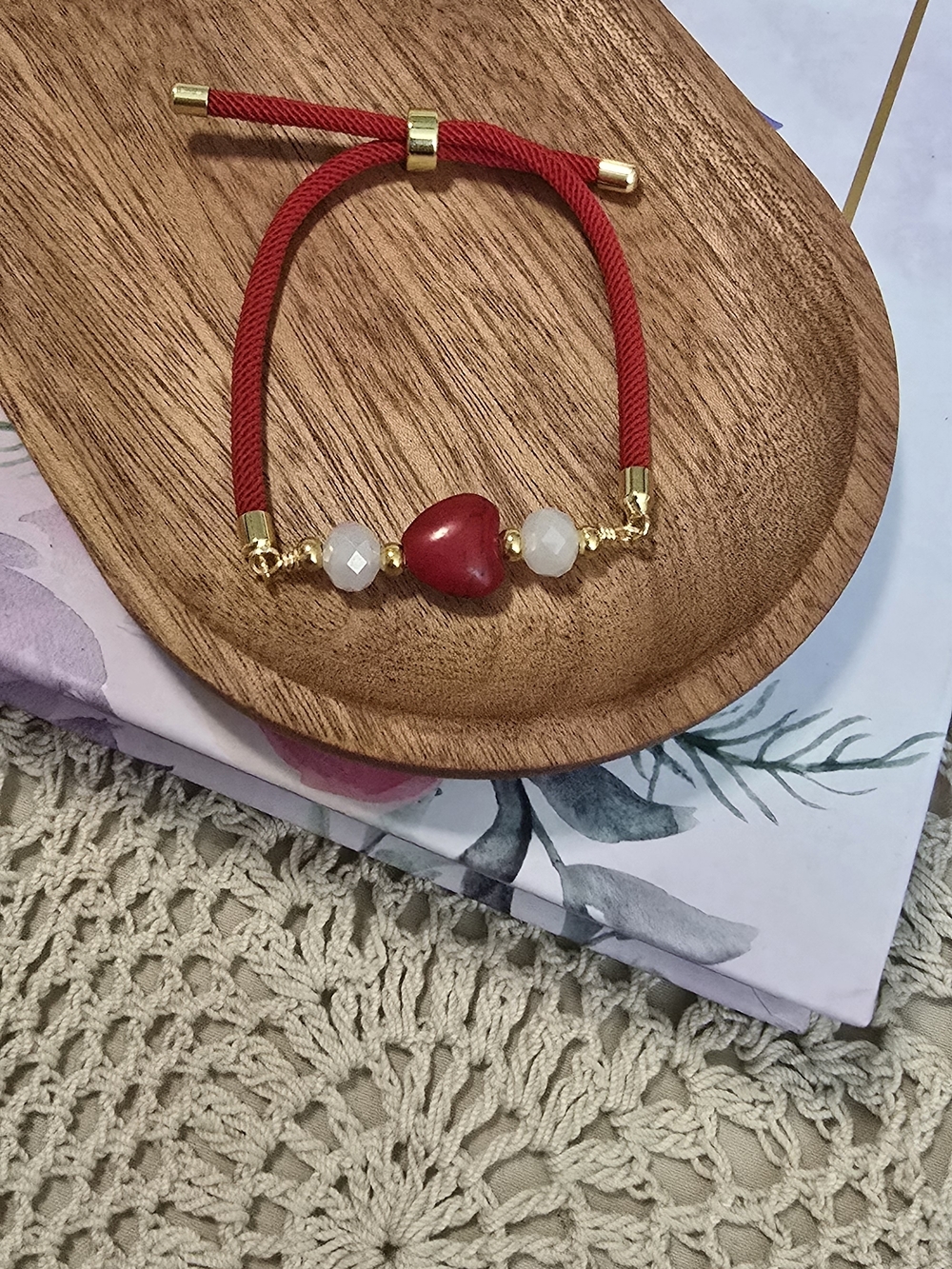Adjustable Red Heart Cord Bracelet with Gold Accents - Women Jewelry